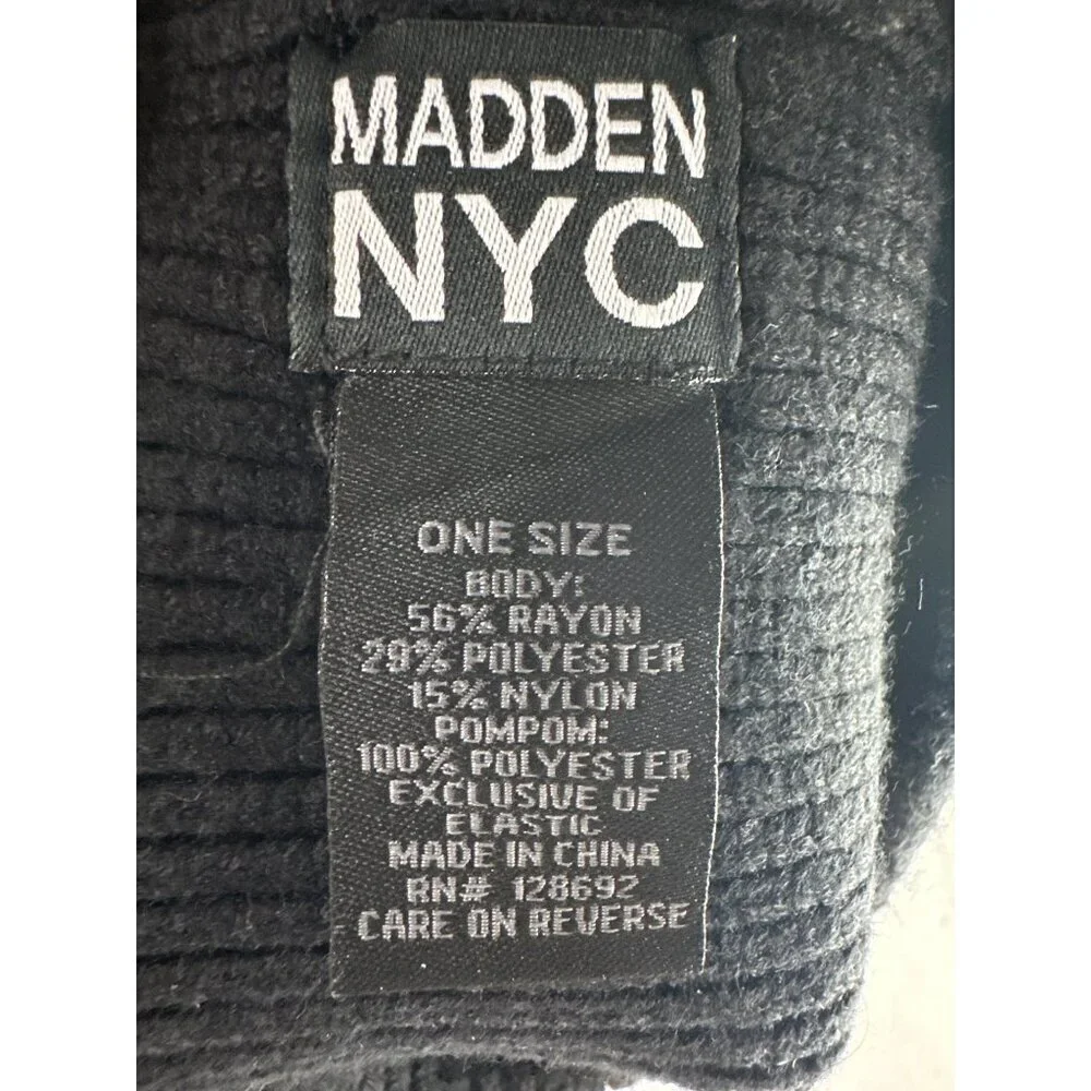 Madden NYC Women’s Beanie Ribbed Fleece Winter Hat Pom Pom Faux Fur Black Y2K
